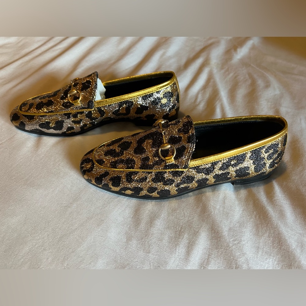 Gucci Jordaan Gold/Black Leopard Print Lurex Fabric Horsebit Loafers
